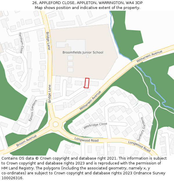 26, APPLEFORD CLOSE, APPLETON, WARRINGTON, WA4 3DP: Location map and indicative extent of plot