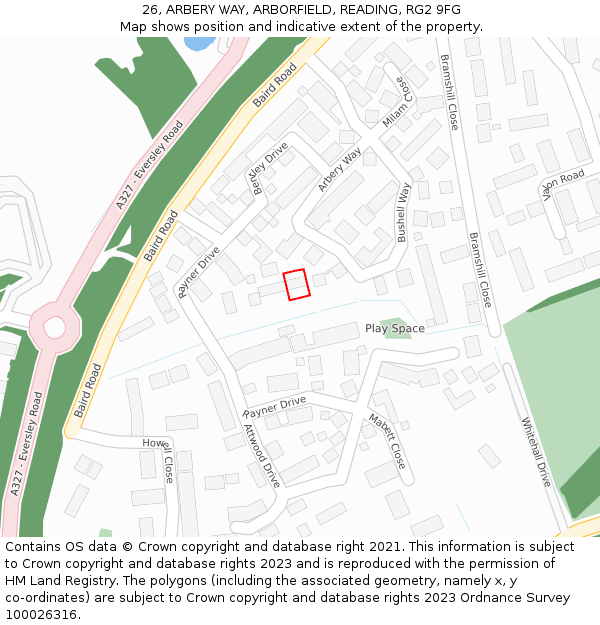 26, ARBERY WAY, ARBORFIELD, READING, RG2 9FG: Location map and indicative extent of plot