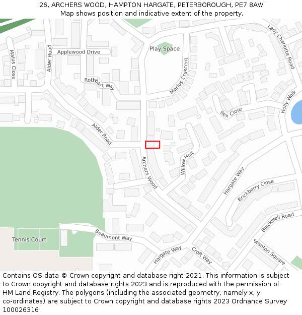 26, ARCHERS WOOD, HAMPTON HARGATE, PETERBOROUGH, PE7 8AW: Location map and indicative extent of plot