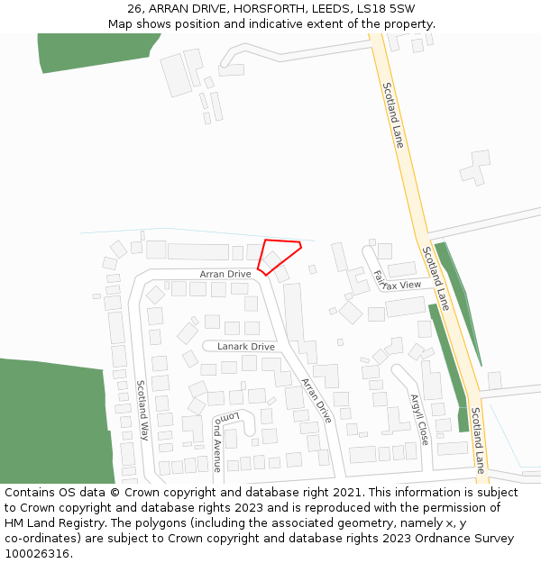26, ARRAN DRIVE, HORSFORTH, LEEDS, LS18 5SW: Location map and indicative extent of plot