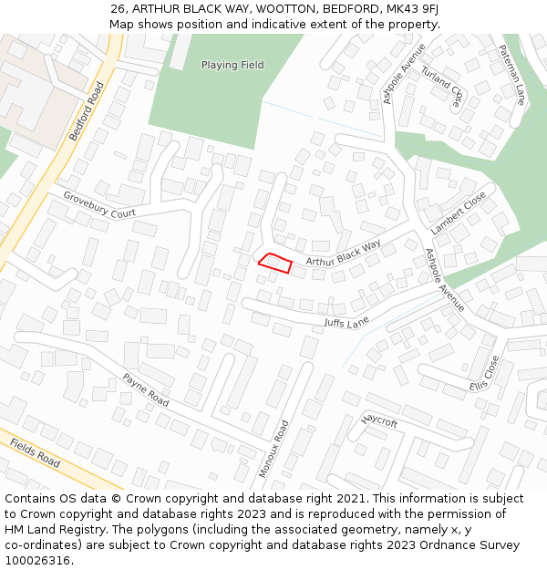 26, ARTHUR BLACK WAY, WOOTTON, BEDFORD, MK43 9FJ: Location map and indicative extent of plot
