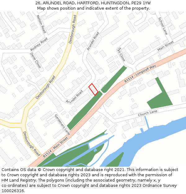 26, ARUNDEL ROAD, HARTFORD, HUNTINGDON, PE29 1YW: Location map and indicative extent of plot