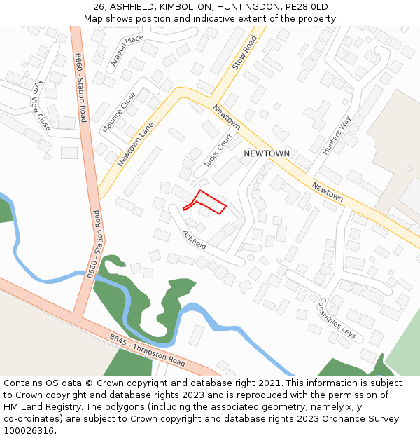 26, ASHFIELD, KIMBOLTON, HUNTINGDON, PE28 0LD: Location map and indicative extent of plot
