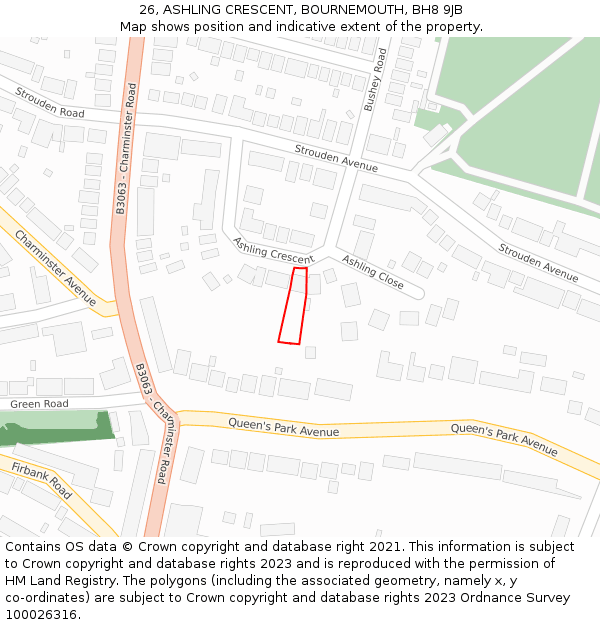 26, ASHLING CRESCENT, BOURNEMOUTH, BH8 9JB: Location map and indicative extent of plot