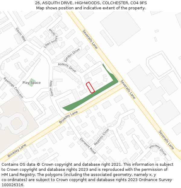 26, ASQUITH DRIVE, HIGHWOODS, COLCHESTER, CO4 9FS: Location map and indicative extent of plot