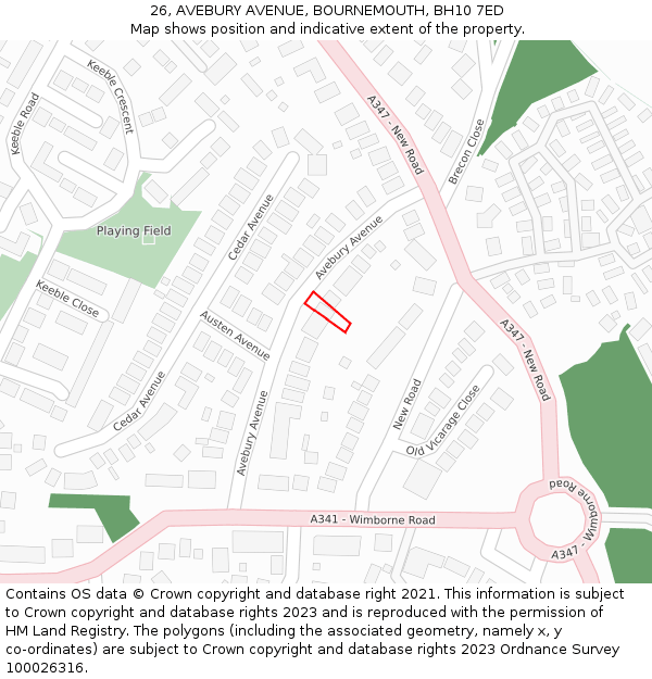 26, AVEBURY AVENUE, BOURNEMOUTH, BH10 7ED: Location map and indicative extent of plot
