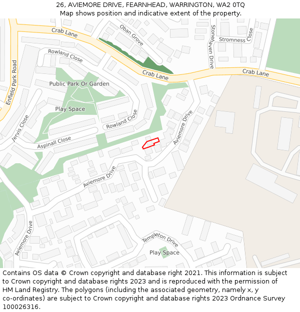 26, AVIEMORE DRIVE, FEARNHEAD, WARRINGTON, WA2 0TQ: Location map and indicative extent of plot