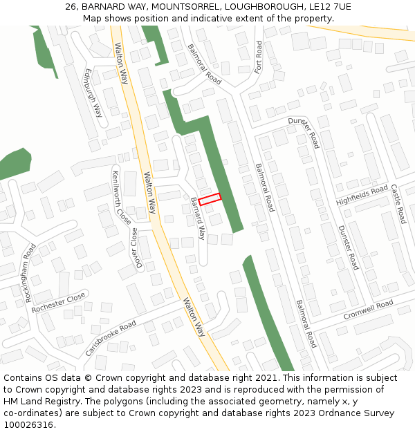 26, BARNARD WAY, MOUNTSORREL, LOUGHBOROUGH, LE12 7UE: Location map and indicative extent of plot