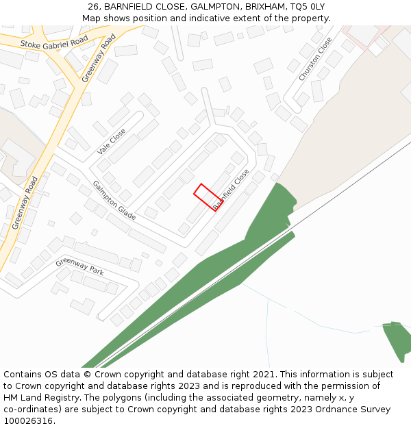 26, BARNFIELD CLOSE, GALMPTON, BRIXHAM, TQ5 0LY: Location map and indicative extent of plot