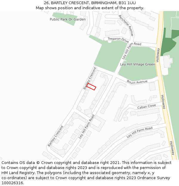 26, BARTLEY CRESCENT, BIRMINGHAM, B31 1UU: Location map and indicative extent of plot