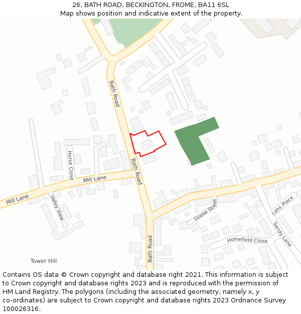 26, BATH ROAD, BECKINGTON, FROME, BA11 6SL: Location map and indicative extent of plot