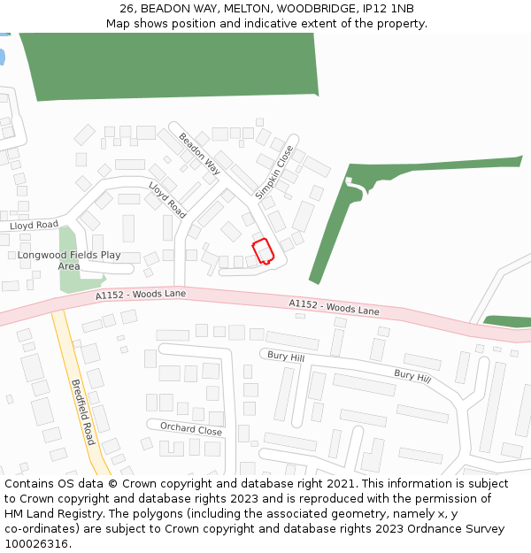 26, BEADON WAY, MELTON, WOODBRIDGE, IP12 1NB: Location map and indicative extent of plot