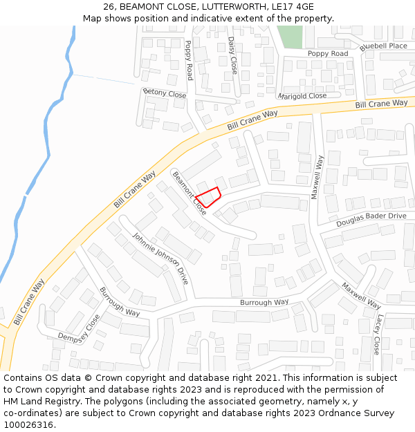 26, BEAMONT CLOSE, LUTTERWORTH, LE17 4GE: Location map and indicative extent of plot