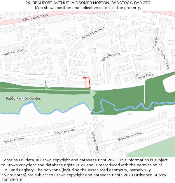 26, BEAUFORT AVENUE, MIDSOMER NORTON, RADSTOCK, BA3 2TG: Location map and indicative extent of plot