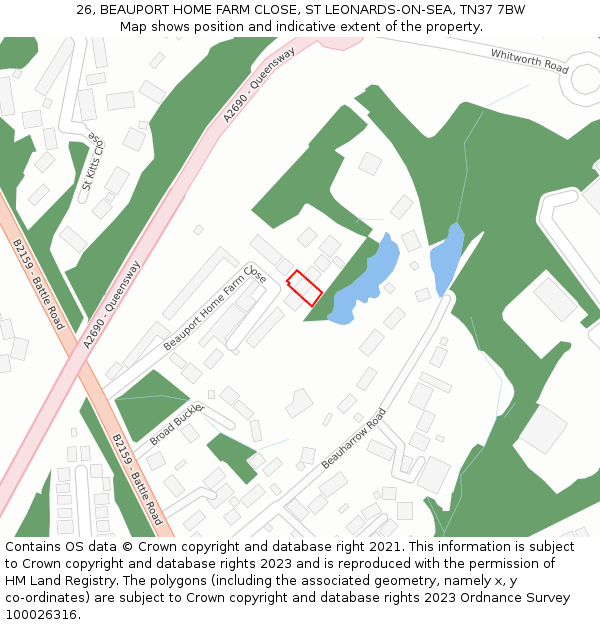26, BEAUPORT HOME FARM CLOSE, ST LEONARDS-ON-SEA, TN37 7BW: Location map and indicative extent of plot