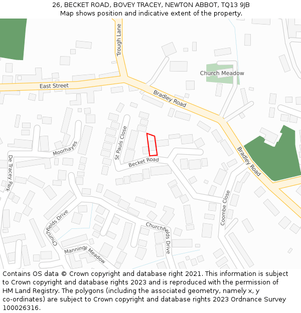 26, BECKET ROAD, BOVEY TRACEY, NEWTON ABBOT, TQ13 9JB: Location map and indicative extent of plot