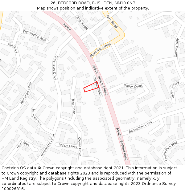 26, BEDFORD ROAD, RUSHDEN, NN10 0NB: Location map and indicative extent of plot