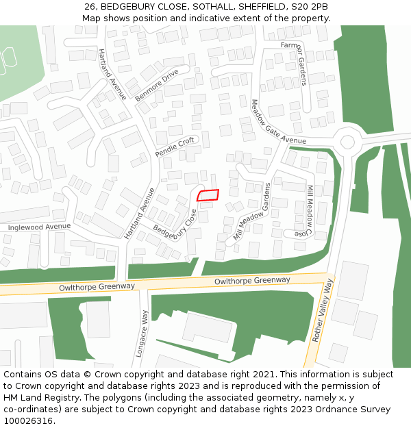 26, BEDGEBURY CLOSE, SOTHALL, SHEFFIELD, S20 2PB: Location map and indicative extent of plot