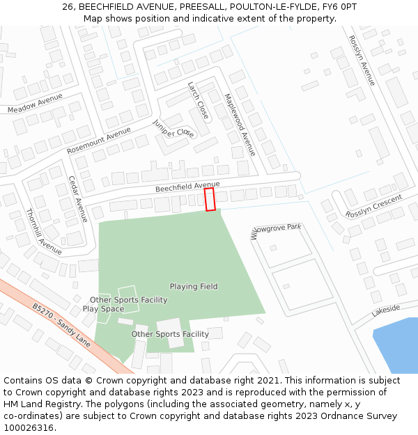 26, BEECHFIELD AVENUE, PREESALL, POULTON-LE-FYLDE, FY6 0PT: Location map and indicative extent of plot