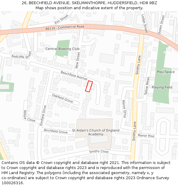 26, BEECHFIELD AVENUE, SKELMANTHORPE, HUDDERSFIELD, HD8 9BZ: Location map and indicative extent of plot