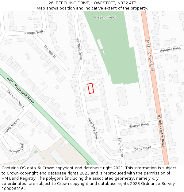 26, BEECHING DRIVE, LOWESTOFT, NR32 4TB: Location map and indicative extent of plot