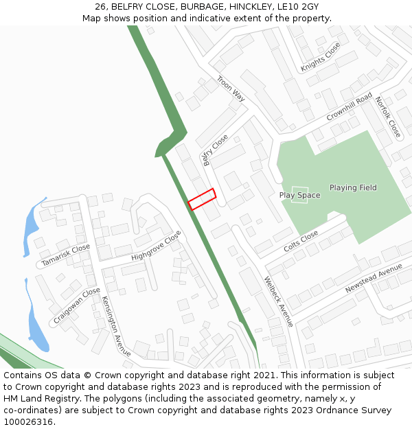 26, BELFRY CLOSE, BURBAGE, HINCKLEY, LE10 2GY: Location map and indicative extent of plot