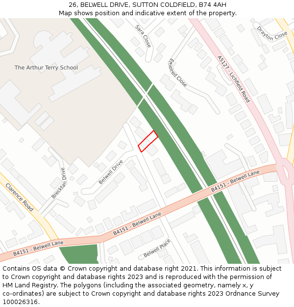 26, BELWELL DRIVE, SUTTON COLDFIELD, B74 4AH: Location map and indicative extent of plot