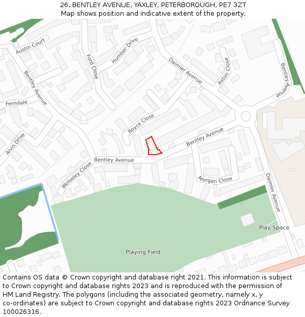 26, BENTLEY AVENUE, YAXLEY, PETERBOROUGH, PE7 3ZT: Location map and indicative extent of plot