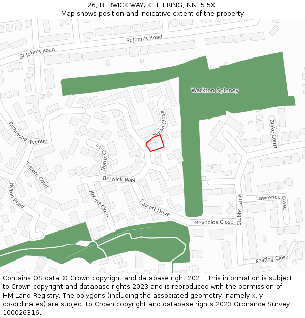 26, BERWICK WAY, KETTERING, NN15 5XF: Location map and indicative extent of plot