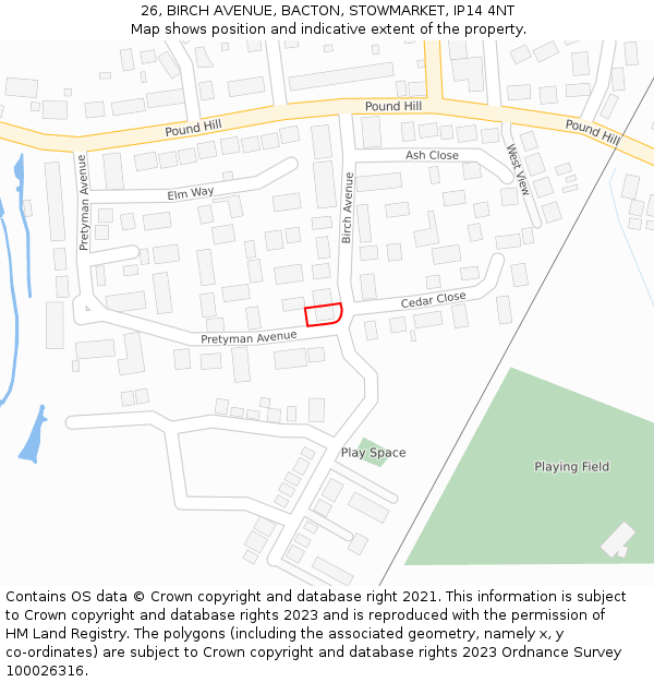 26, BIRCH AVENUE, BACTON, STOWMARKET, IP14 4NT: Location map and indicative extent of plot