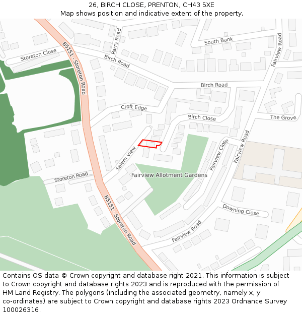 26, BIRCH CLOSE, PRENTON, CH43 5XE: Location map and indicative extent of plot