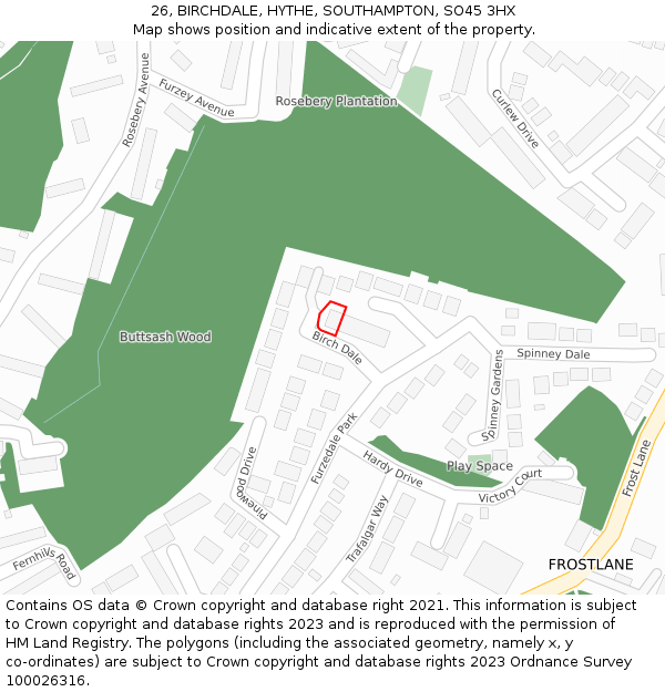 26, BIRCHDALE, HYTHE, SOUTHAMPTON, SO45 3HX: Location map and indicative extent of plot
