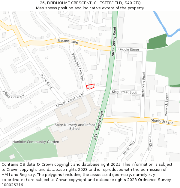 26, BIRDHOLME CRESCENT, CHESTERFIELD, S40 2TQ: Location map and indicative extent of plot