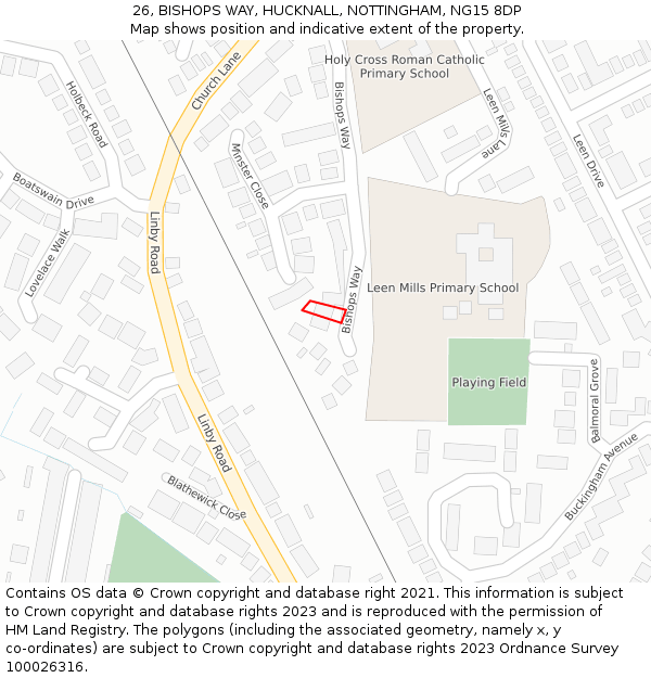 26, BISHOPS WAY, HUCKNALL, NOTTINGHAM, NG15 8DP: Location map and indicative extent of plot