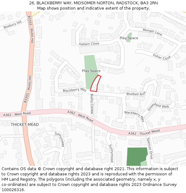 26, BLACKBERRY WAY, MIDSOMER NORTON, RADSTOCK, BA3 2RN: Location map and indicative extent of plot