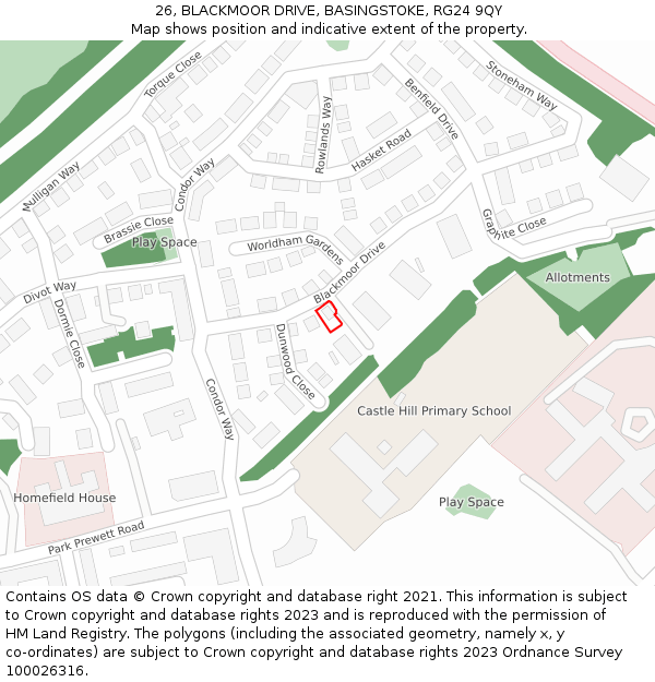 26, BLACKMOOR DRIVE, BASINGSTOKE, RG24 9QY: Location map and indicative extent of plot