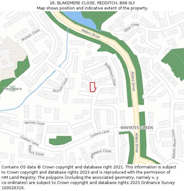 26, BLAKEMERE CLOSE, REDDITCH, B98 0LY: Location map and indicative extent of plot
