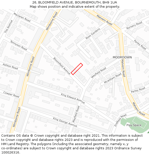 26, BLOOMFIELD AVENUE, BOURNEMOUTH, BH9 1UA: Location map and indicative extent of plot
