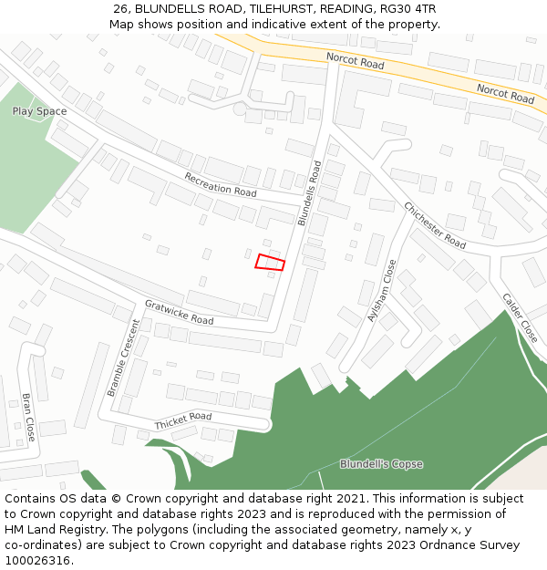26, BLUNDELLS ROAD, TILEHURST, READING, RG30 4TR: Location map and indicative extent of plot
