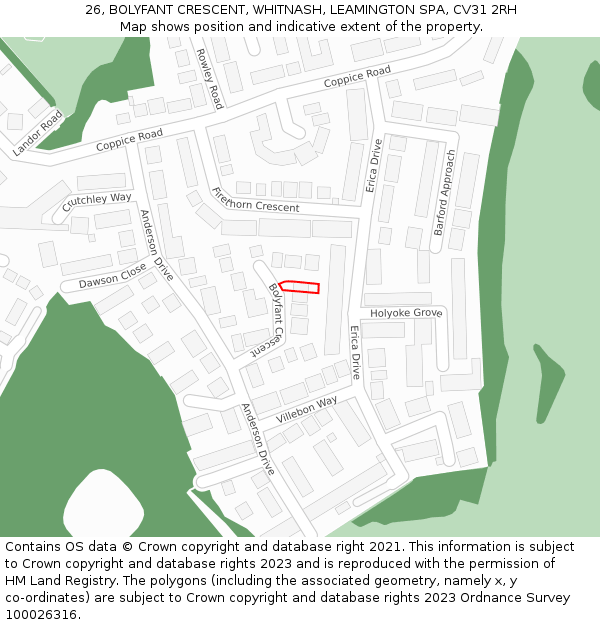 26, BOLYFANT CRESCENT, WHITNASH, LEAMINGTON SPA, CV31 2RH: Location map and indicative extent of plot