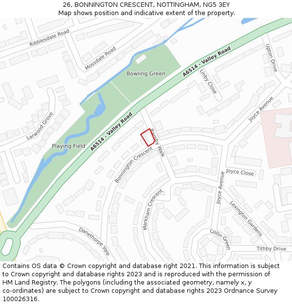 26, BONNINGTON CRESCENT, NOTTINGHAM, NG5 3EY: Location map and indicative extent of plot