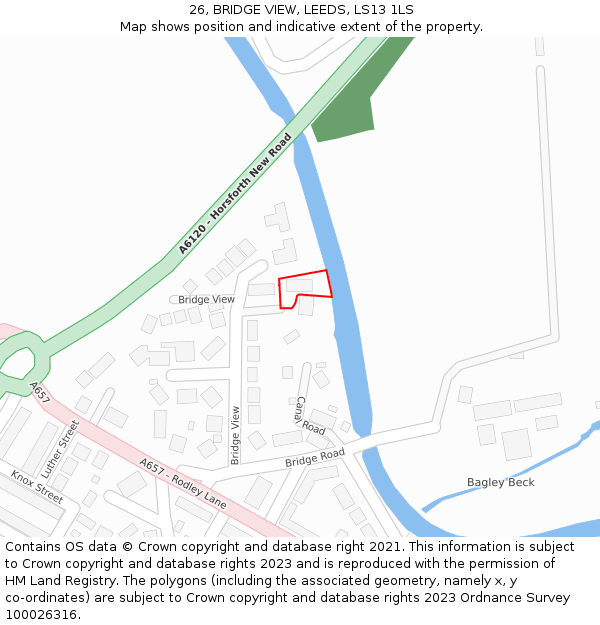 26, BRIDGE VIEW, LEEDS, LS13 1LS: Location map and indicative extent of plot