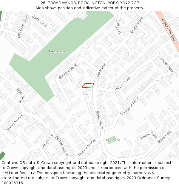 26, BROADMANOR, POCKLINGTON, YORK, YO42 2GB: Location map and indicative extent of plot