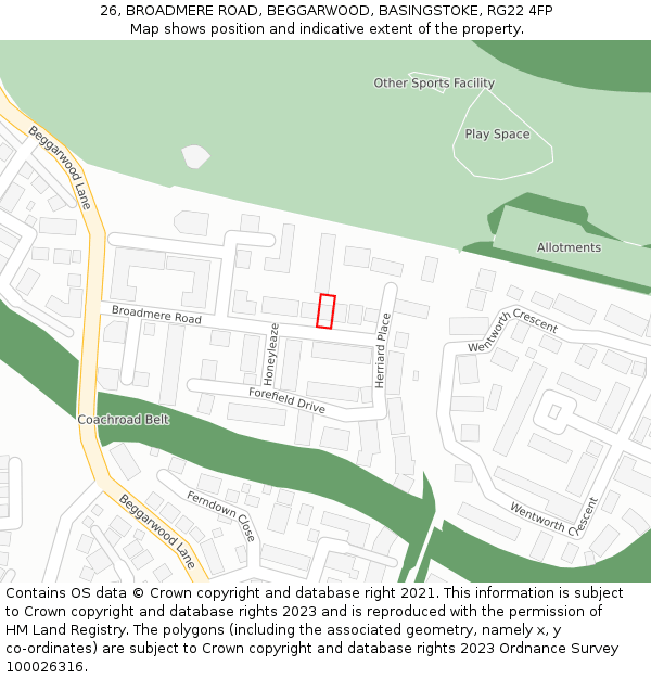 26, BROADMERE ROAD, BEGGARWOOD, BASINGSTOKE, RG22 4FP: Location map and indicative extent of plot