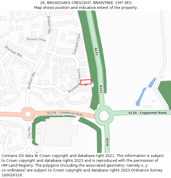 26, BROADOAKS CRESCENT, BRAINTREE, CM7 9FD: Location map and indicative extent of plot