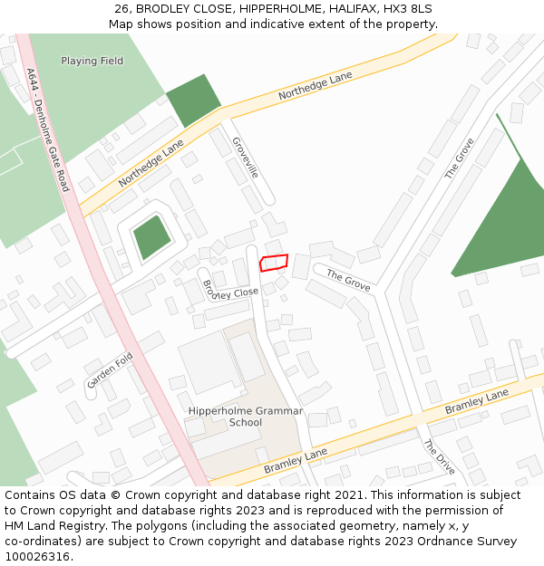 26, BRODLEY CLOSE, HIPPERHOLME, HALIFAX, HX3 8LS: Location map and indicative extent of plot