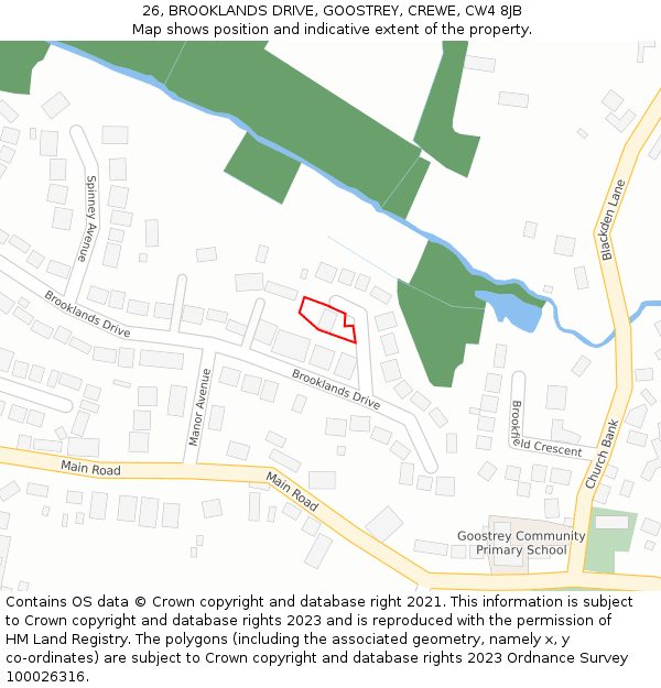 26, BROOKLANDS DRIVE, GOOSTREY, CREWE, CW4 8JB: Location map and indicative extent of plot