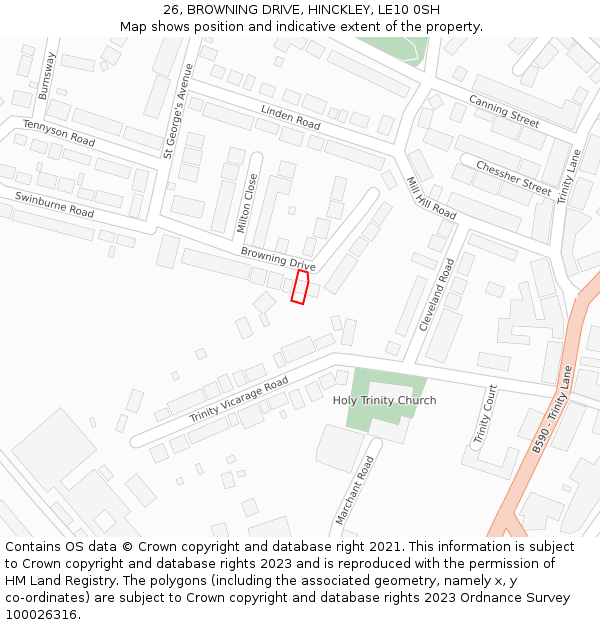 26, BROWNING DRIVE, HINCKLEY, LE10 0SH: Location map and indicative extent of plot