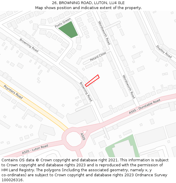 26, BROWNING ROAD, LUTON, LU4 0LE: Location map and indicative extent of plot