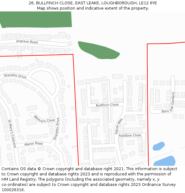 26, BULLFINCH CLOSE, EAST LEAKE, LOUGHBOROUGH, LE12 6YE: Location map and indicative extent of plot